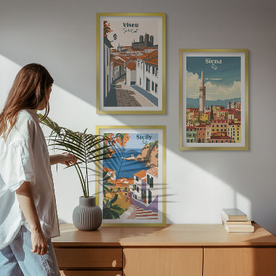 3 paveikslų rinkinys su rėmais Retro pasaulio miestų iliustracijos