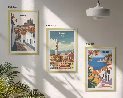 Retro pasaulio miestų iliustracijos 3 paveikslų rinkinys su rėmais