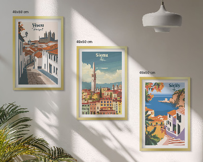 3 paveikslų rinkinys su rėmais Retro pasaulio miestų iliustracijos