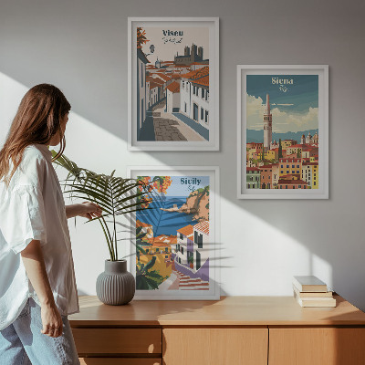 3 paveikslų rinkinys su rėmais Retro pasaulio miestų iliustracijos