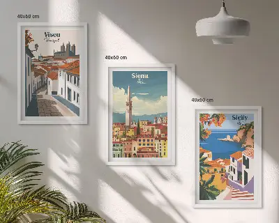 Retro pasaulio miestų iliustracijos 3 paveikslų rinkinys su rėmais
