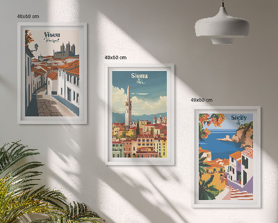 3 paveikslų rinkinys su rėmais Retro pasaulio miestų iliustracijos