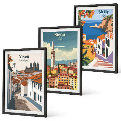 3 paveikslų rinkinys su rėmais Retro pasaulio miestų iliustracijos