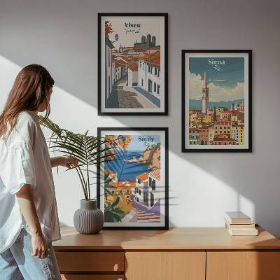 3 paveikslų rinkinys su rėmais Retro pasaulio miestų iliustracijos