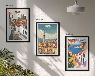 3 paveikslų rinkinys su rėmais Retro pasaulio miestų iliustracijos