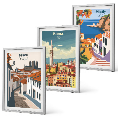 3 paveikslų rinkinys su rėmais Retro pasaulio miestų iliustracijos