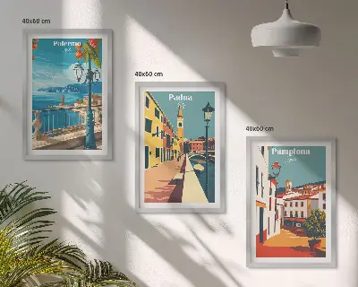 Retro miesto iliustracijų 3 paveikslų rinkinys su rėmais