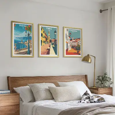 Retro miesto iliustracijų 3 paveikslų rinkinys su rėmais