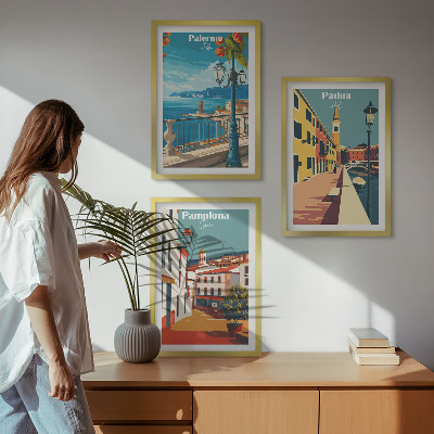 3 paveikslų rinkinys su rėmais Retro miesto iliustracijos