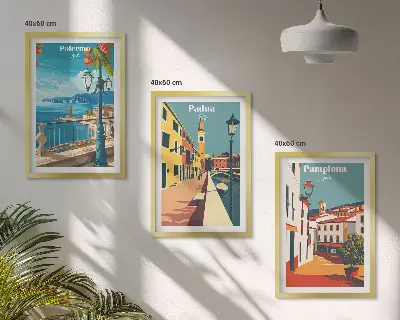 Retro miesto iliustracijų 3 paveikslų rinkinys su rėmais