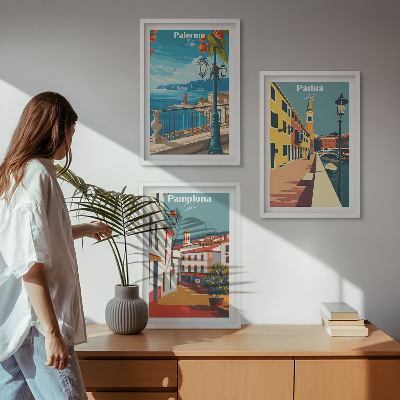3 paveikslų rinkinys su rėmais Retro miesto iliustracijos