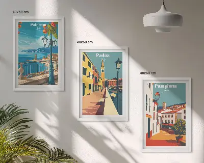 Retro miesto iliustracijų 3 paveikslų rinkinys su rėmais