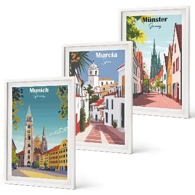 Europos miestai spalvotuose piešiniuose įrėmintas triptikas