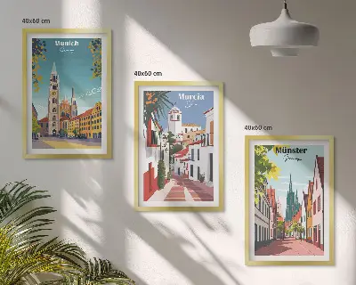 Europos miestai spalvotuose piešiniuose įrėmintas triptikas