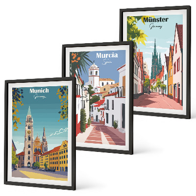Įrėmintas triptikas Europos miestai spalvotuose piešiniuose
