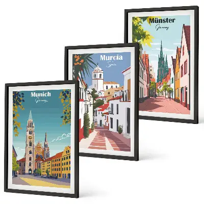 Europos miestai spalvotuose piešiniuose įrėmintas triptikas