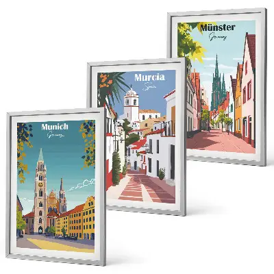 Europos miestai spalvotuose piešiniuose įrėmintas triptikas