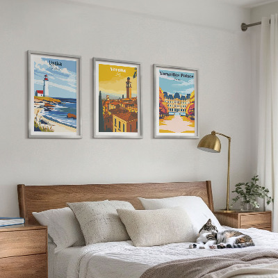 3 paveikslų rinkinys su rėmais Vaizdai į vietas prie miestų jūros