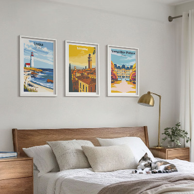 3 paveikslų rinkinys su rėmais Vaizdai į vietas prie miestų jūros