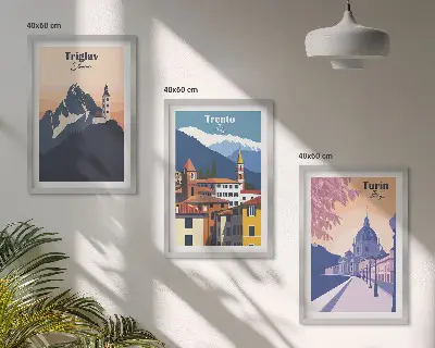 Kalnų architektūros retro iliustracijos įrėmintas triptikas