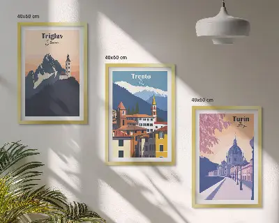 Kalnų architektūros retro iliustracijos įrėmintas triptikas