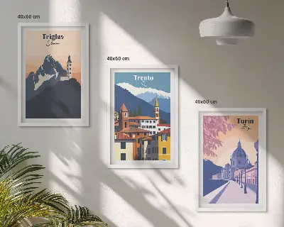 Kalnų architektūros retro iliustracijos įrėmintas triptikas