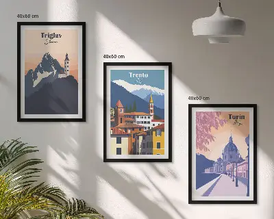 Kalnų architektūros retro iliustracijos įrėmintas triptikas