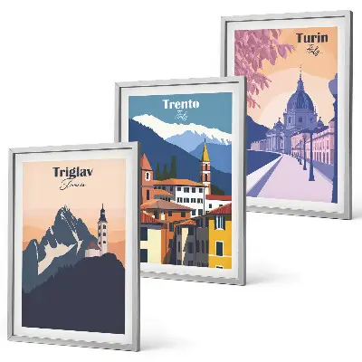 Kalnų architektūros retro iliustracijos įrėmintas triptikas