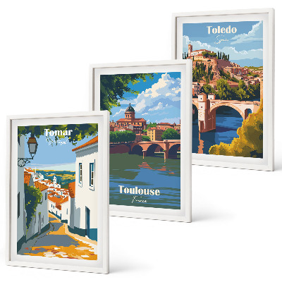 3 paveikslų rinkinys su rėmais Retro miesto grafika