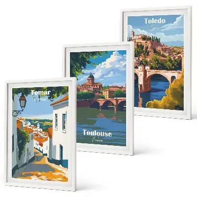 Retro miesto grafika trijų paveikslų rinkinys su rėmais