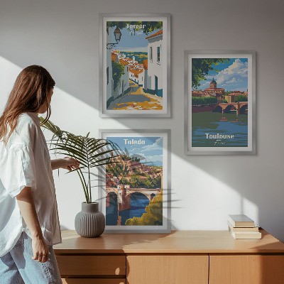 3 paveikslų rinkinys su rėmais Retro miesto grafika