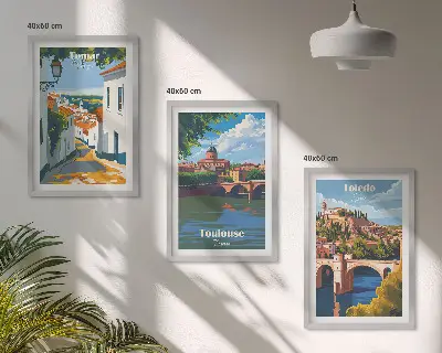 Retro miesto grafika trijų paveikslų rinkinys su rėmais