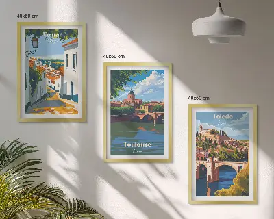 Retro miesto grafika trijų paveikslų rinkinys su rėmais