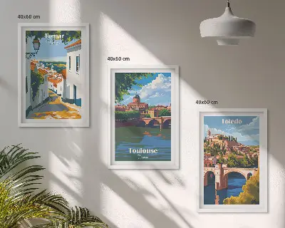 Retro miesto grafika trijų paveikslų rinkinys su rėmais