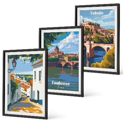 3 paveikslų rinkinys su rėmais Retro miesto grafika