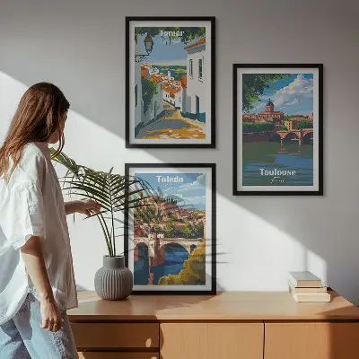 Retro miesto grafika trijų paveikslų rinkinys su rėmais