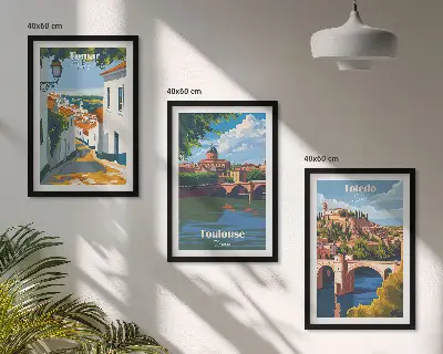 Retro miesto grafika trijų paveikslų rinkinys su rėmais