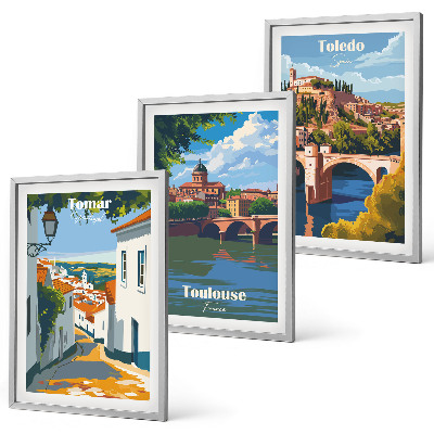 3 paveikslų rinkinys su rėmais Retro miesto grafika