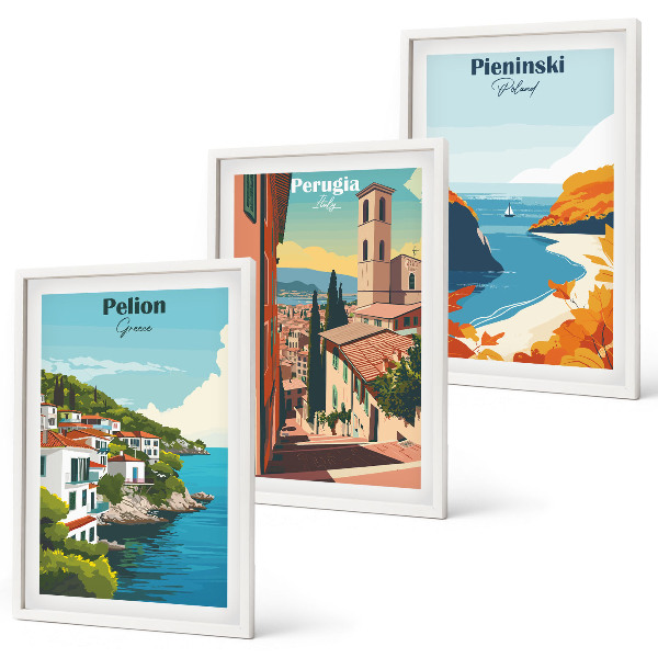 3 paveikslų rinkinys su rėmais Vaizdingi retro peizažai