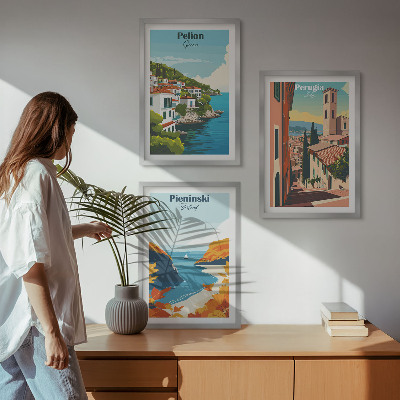 3 paveikslų rinkinys su rėmais Vaizdingi retro peizažai