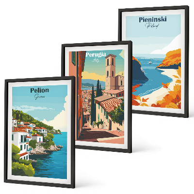3 paveikslų rinkinys su rėmais Vaizdingi retro peizažai