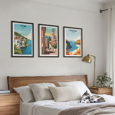 3 paveikslų rinkinys su rėmais Vaizdingi retro peizažai