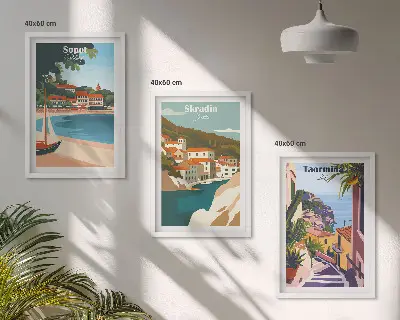 Pajūrio miestelių iliustracijos įrėmintas triptikas