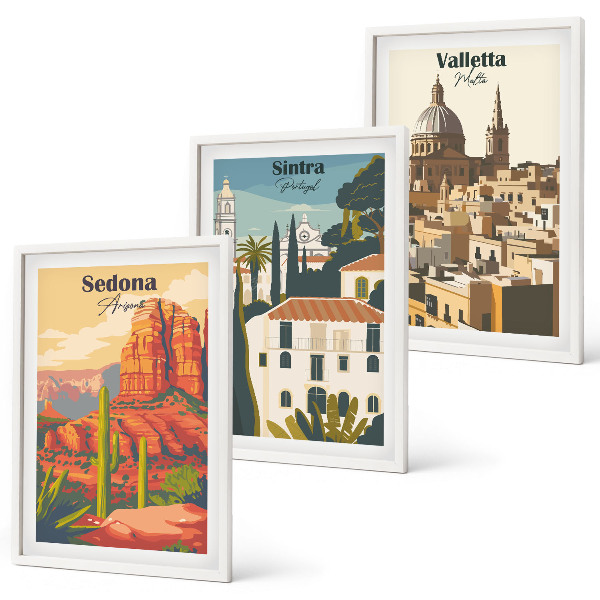 3 paveikslų rinkinys su rėmais Vaizdai Sedona Sintra Valletta retro