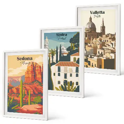 Paveikslų rinkinys Sedona, Sintra ir Valletta trys retro stiliaus vaizdai su rėmais