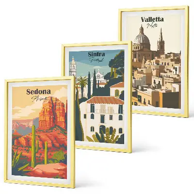Paveikslų rinkinys Sedona, Sintra ir Valletta trys retro stiliaus vaizdai su rėmais