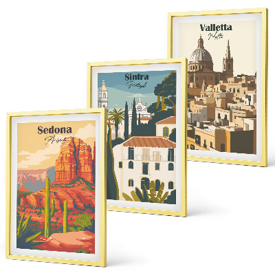 3 paveikslų rinkinys su rėmais Vaizdai Sedona Sintra Valletta retro