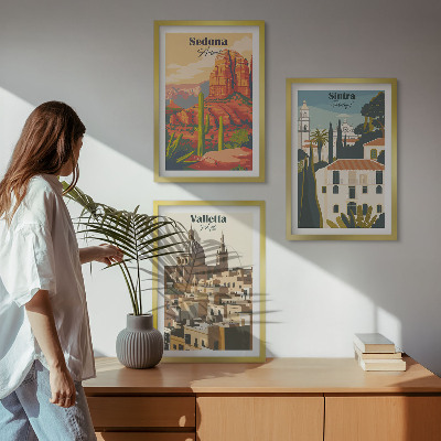 3 paveikslų rinkinys su rėmais Vaizdai Sedona Sintra Valletta retro