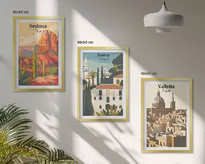 Paveikslų rinkinys Sedona, Sintra ir Valletta trys retro stiliaus vaizdai su rėmais