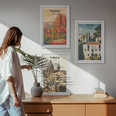 3 paveikslų rinkinys su rėmais Vaizdai Sedona Sintra Valletta retro